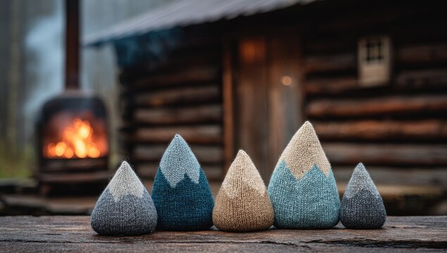 Five knitted mountain decor items on a wooden table, with a log cabin and burning stove