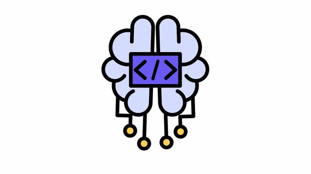 Stylized brain icon with a code symbol representing artificial intelligence and machine learning concepts.