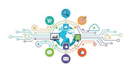 Obraz premium Global network connecting digital tools for commerce, analytics, and communication