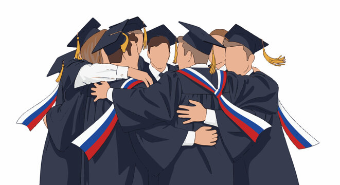 Group of graduates in caps and gowns, arms around each other