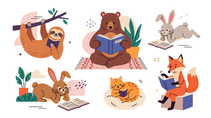 Fototapeta premium Cute Animal Characters Reading Books Set, Flat Vector Illustration for Education and Kids Learning