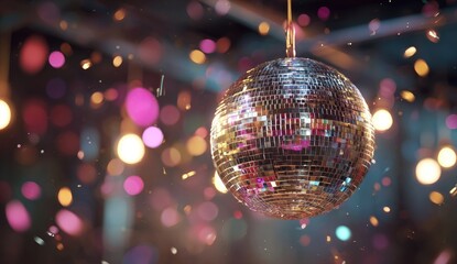 Fototapeta premium Close-up of a sparkling disco ball with colorful bokeh lights and falling confetti