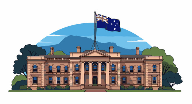 Grand sandstone building with columns and Australian flag flies high