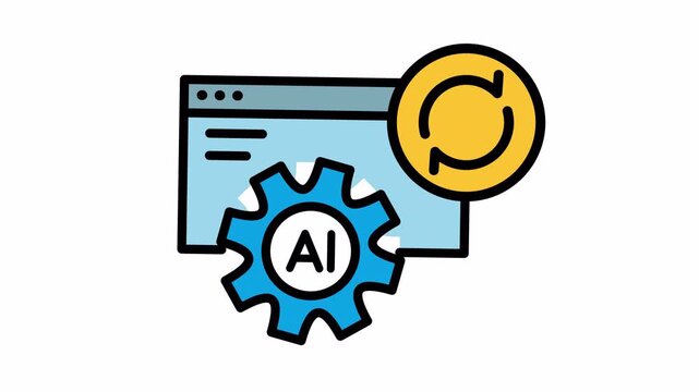 An illustration depicting artificial intelligence integration with web applications, showing a gear with AI text and a refresh symbol over a browser window.