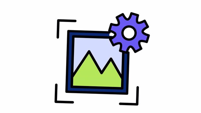 Stylized icon depicting an image frame with mountains and sky, surrounded by selection brackets, and a purple gear overlay, symbolizing image processing or settings.