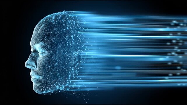 Digital representation of a human face dissolving into particles and lines, illustrating motion and transformation against a dark background with blue light effects