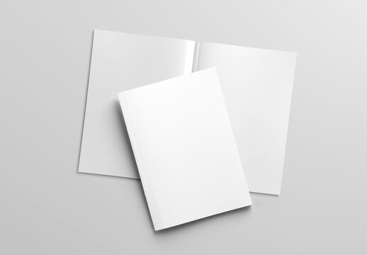 Magazine cover and open magazine Mockup on white background with shadows. 3D rendering