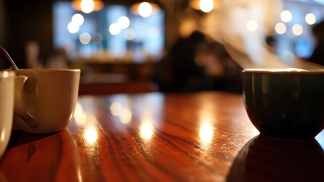 Hot steaming coffee mugs on a cozy wooden table in a blurred cafe interior.