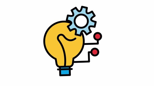 A colorful icon depicting a bright yellow lightbulb with a blue gear on top, symbolizing innovation, ideas, and technological development.
