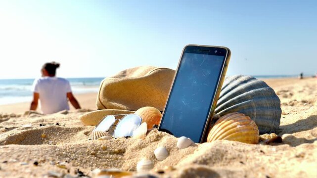 Digital nomad lifestyle and remote work concept. Smartphone on sandy beach with straw hat and seashells, person contemplating the ocean. Digital detox and summer break.