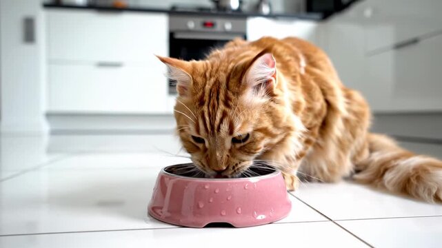 Ginger cat drinks water from a pink bowl in a modern kitchen