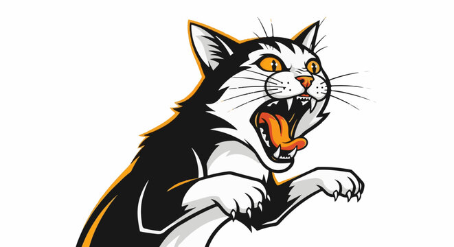 Fierce black and white cat with orange eyes roaring aggressively