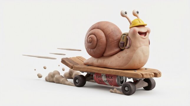 3D cute garden snail riding fast skateboard