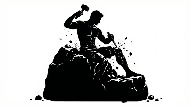 Silhouette man carving himself from stone block