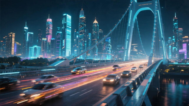 A bustling cityscape at night with a large bridge and skyscrapers in the background