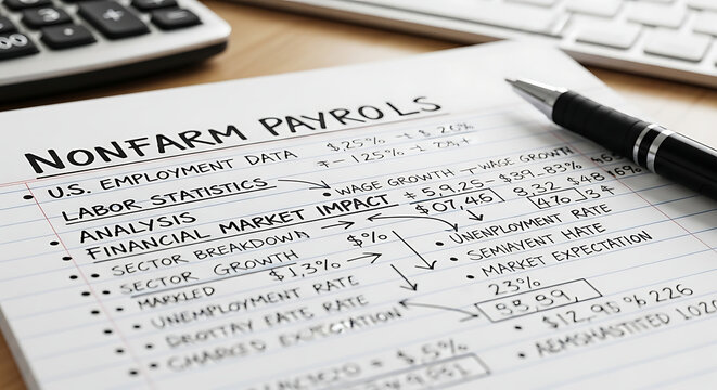 Handwritten note depicting nonfarm payroll economic indicator used for tracking US employment data labor statistic and financial market trend on a white background paper document.