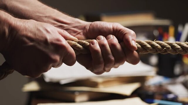 Determined hands gripping and pulling thick rope, symbolizing effort, strength, and challenge.