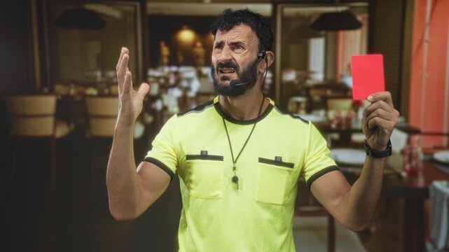 Referee man holds red card and raises hand showing dissent in restaurant; authority enforcement frustration.