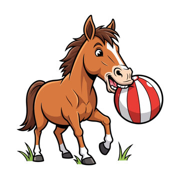 Cartoon Horse Playing with Red and White Striped Ball in Green Grass