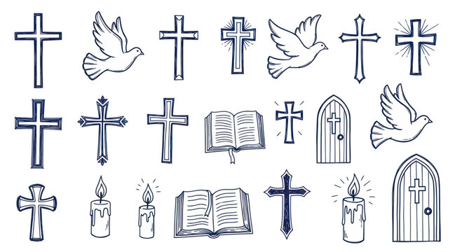 Christian Symbols Collection Crosses Doves Bibles Candles and Church Doors.