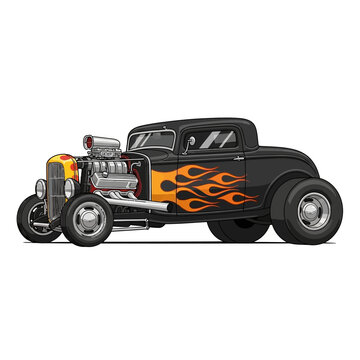 Classic Black Hot Rod Coupe with Flames, Custom Car Illustration