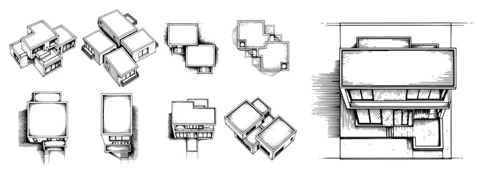 Modern modular house architectural sketches and isometric floor plans in vintage engraving style
