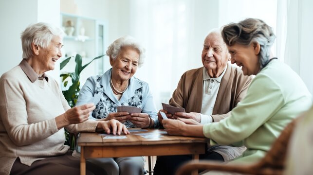 group of elderly people in care house playing card together at table