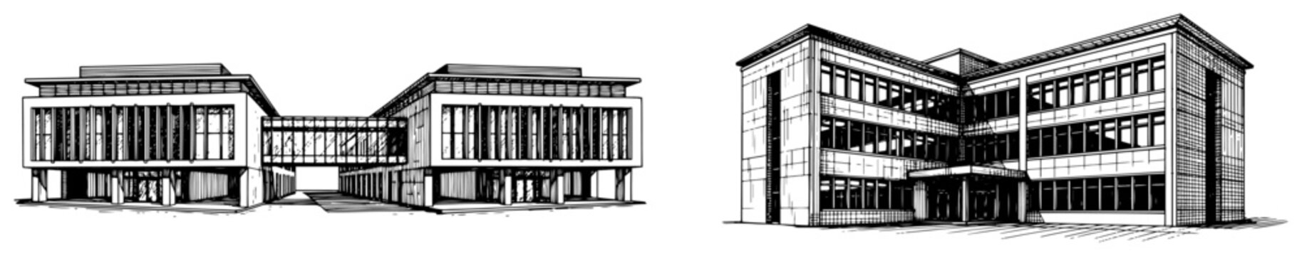 Modern office buildings connected by skybridge walkway in vintage engraving style