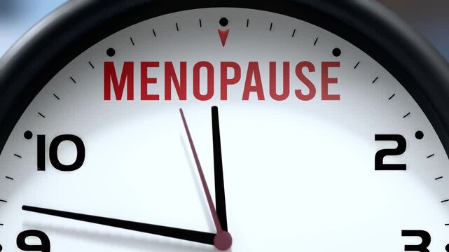 Menopause that is going to happen soon. Upcoming menopause, approaching in the near future. Menopause almost here, in a short time - a clock symbolizes a reminder that menopause is near.