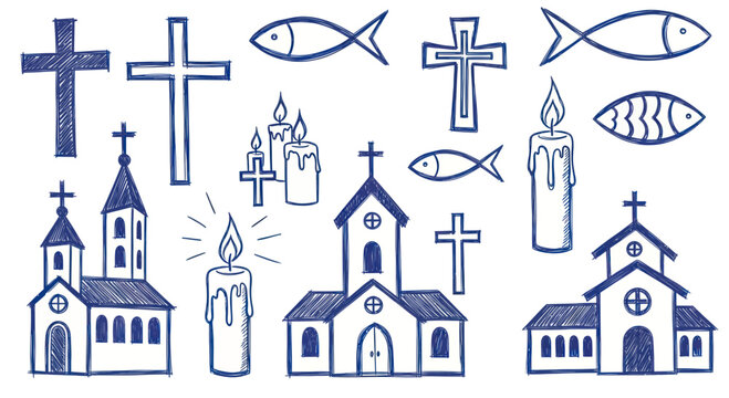 Collection of Christian Symbols and Churches Hand Drawn Style.