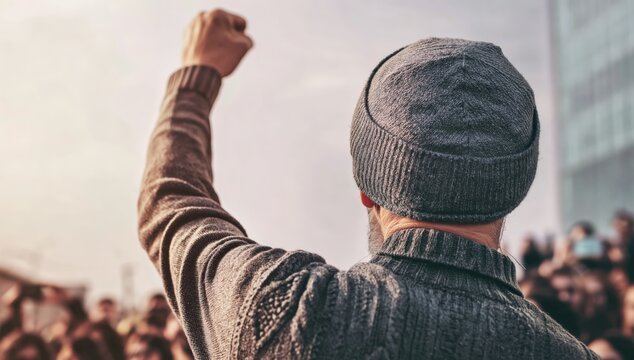 A person wearing a beanie and sweater raises their fist in solidarity amid a blurred crowd in an outdoor setting.