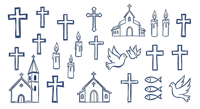 Collection of Christian Symbols and Religious Icons Hand Drawn Style.