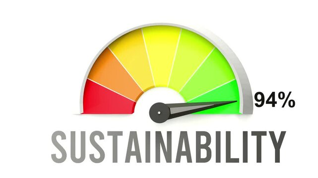 Sustainability meter showing high values of sustainability. Increasing and rising sustainability, reaching full, off the charts. Maximum amount of sustainability. No AI, made by humans for humans.