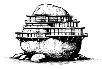 Innovative residential house built on giant rock boulder in vintage engraving style © Kumamoto