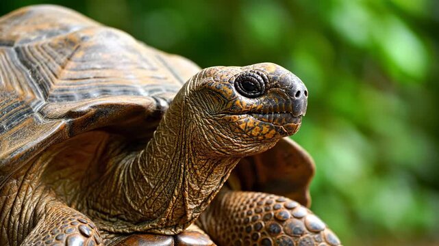 Close-up of a giant tortoise's head and shell with a blurred green background