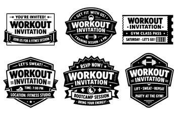 Obraz premium Fitness event invitation tags and labels set, workout party pass or bootcamp session flyer, gym class membership promotion