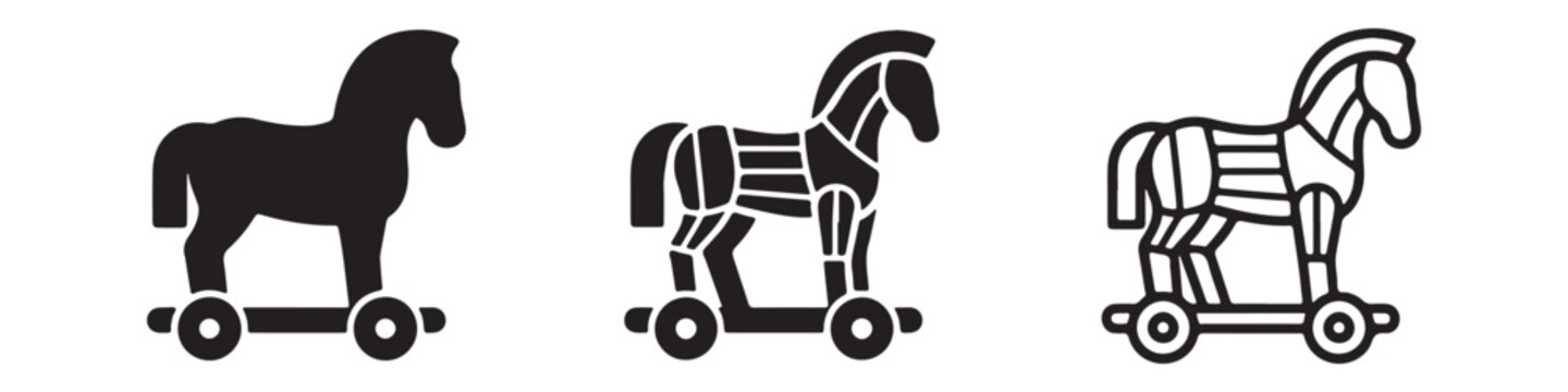 Vector icons of a Trojan horse on wheels in three styles: solid silhouette, detailed wooden structure, and bold outline. Concept of history, strategy, or cyber security threats.