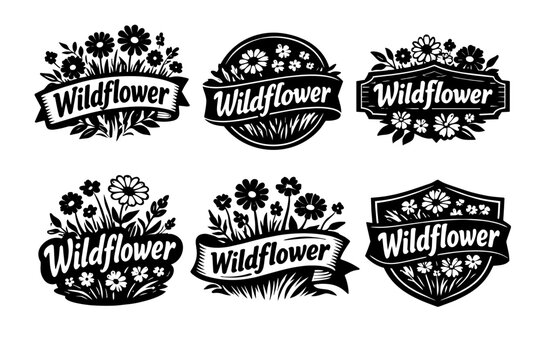 Collection of various wildflower logos and badges, featuring blooming flowers, leaves, and a ribbon banner with text