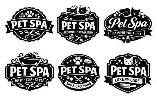 Collection of stylized pet spa logos offering grooming and relaxation. Animals like cats and dogs enjoying bathing rituals