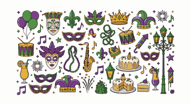 Festive Mardi Gras elements including masks, crowns, drums, cakes, and drinks