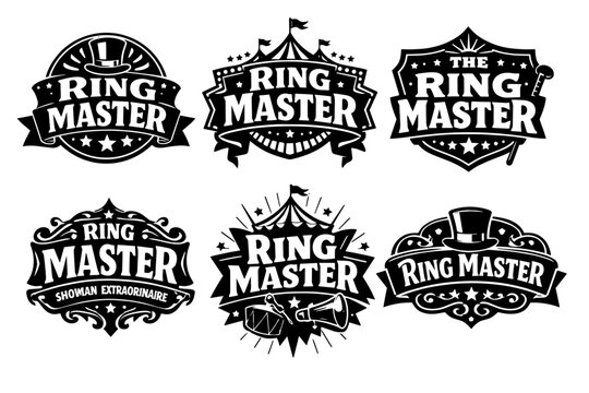 Ring master circus show emblem designs with top hat, tent, stars, megaphone. Creating vintage carnival entertainer badges