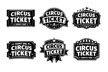 Fototapeta premium Circus ticket badge collection providing vintage carnival entertainment event passes and admission tickets