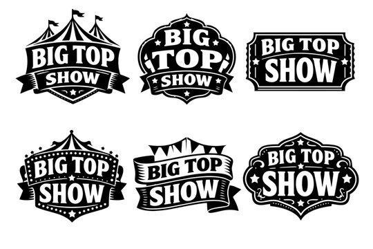 Collection of vintage big top show emblems, carnival and circus event logo designs, entertainment branding set