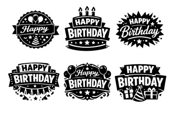 Fototapeta premium Happy birthday badges and emblems, black silhouettes depicting celebratory party elements for greeting cards and event invitations
