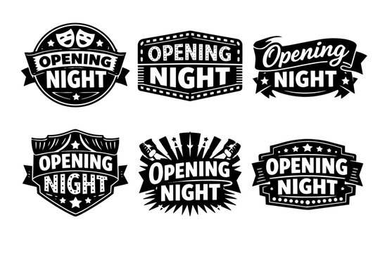 Opening night emblems celebrating theater, cinema, premiere events, and showtime with retro spotlight and mask designs