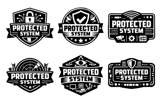 Collection of security logos featuring protected system badges with cyber safety, network privacy, and data protection icons