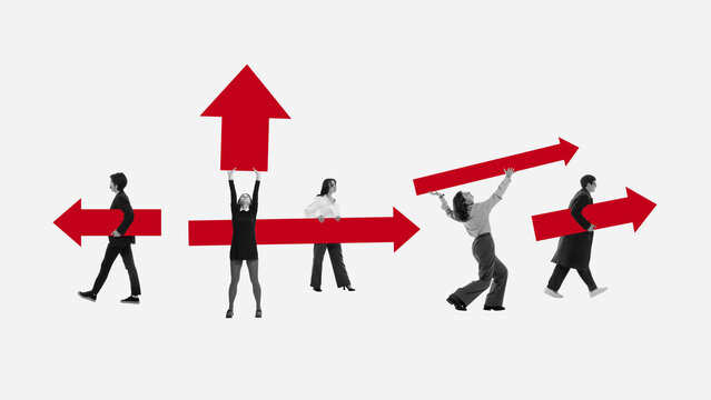 People holding red arrows showing different directions decision making. Concept of strategic choice, business direction planning, leadership decisions and navigating uncertainty in complex situations.