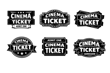 Fototapeta premium Cinema ticket vector badges and labels depicting retro movie admission for film festivals, entertainment events, and theater shows