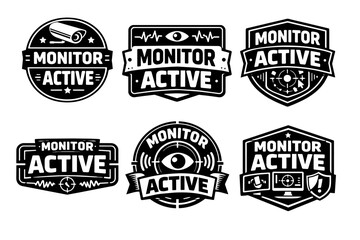 Obraz premium Monitor active security emblem set conveying surveillance, detection, protection, privacy, and digital security solutions