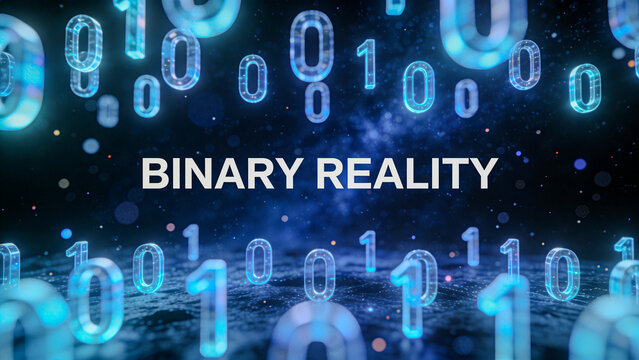 Floating 3D binary digits in deep blue, soft bokeh tech scene